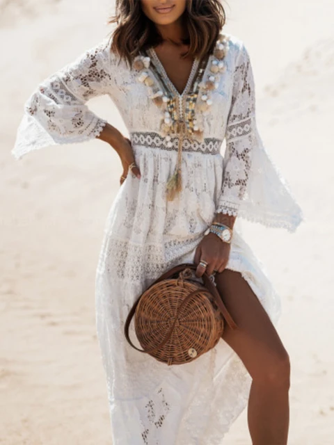 Long Dresses Women Boho Lace Maxi Dress Summer Beach Holiday White Wedding Dresses Ladies Retro V Neck Sundress Ropa Mujer AliExpress