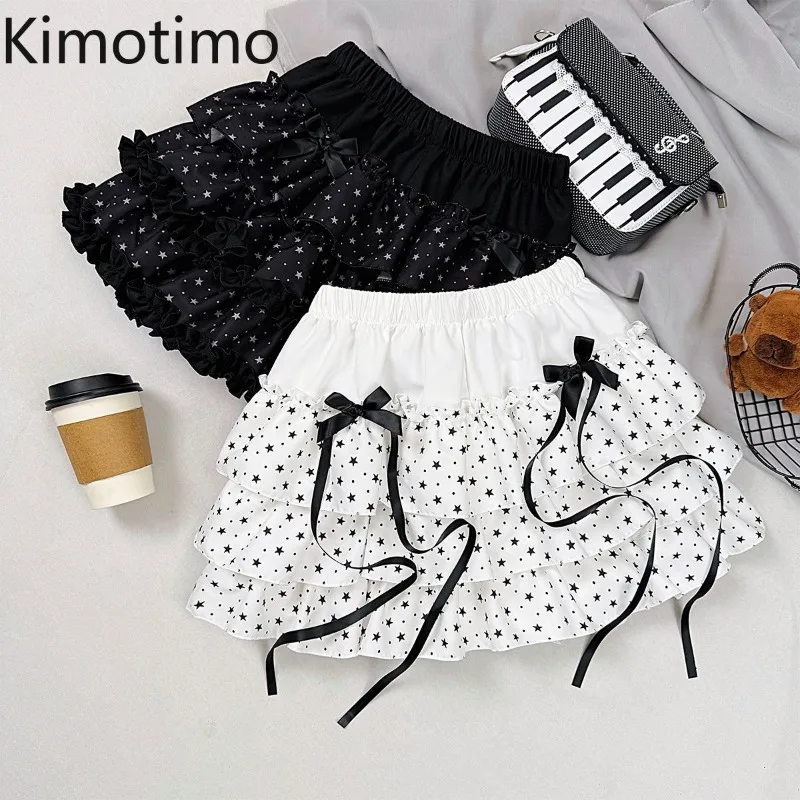Kimotimo Cute Star Print Bow Fluffy Cake Skirt Women Elastic Waist Ruffle A-line Mini Skirts Japanese Vintage Sweet Y2k Faldas