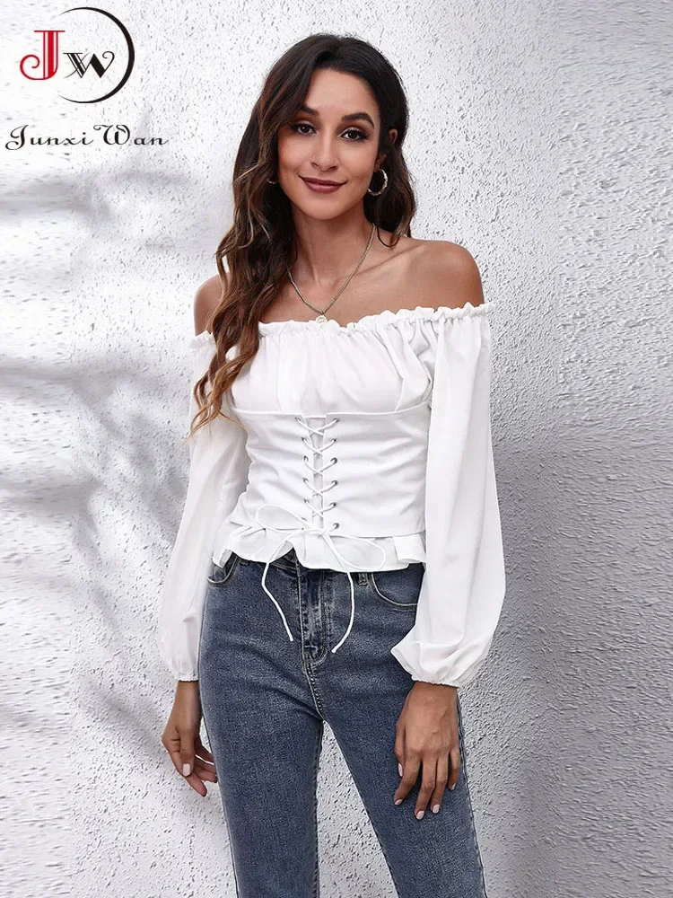 Slash Neck Women Blouse White Black Off Shoulder Bandage Shirt Spring Summer Slim Lantern Sleeve Solid Tops