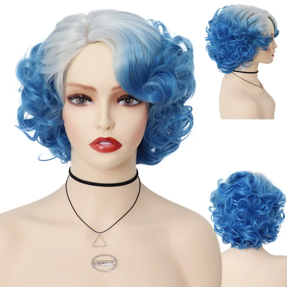 

Synthetic Ombre Blue Wig for Women Cosplay Costume Carnival Halloween Party Fluffy Short Curly Wigs Bob Hairstyle Heat Resistant