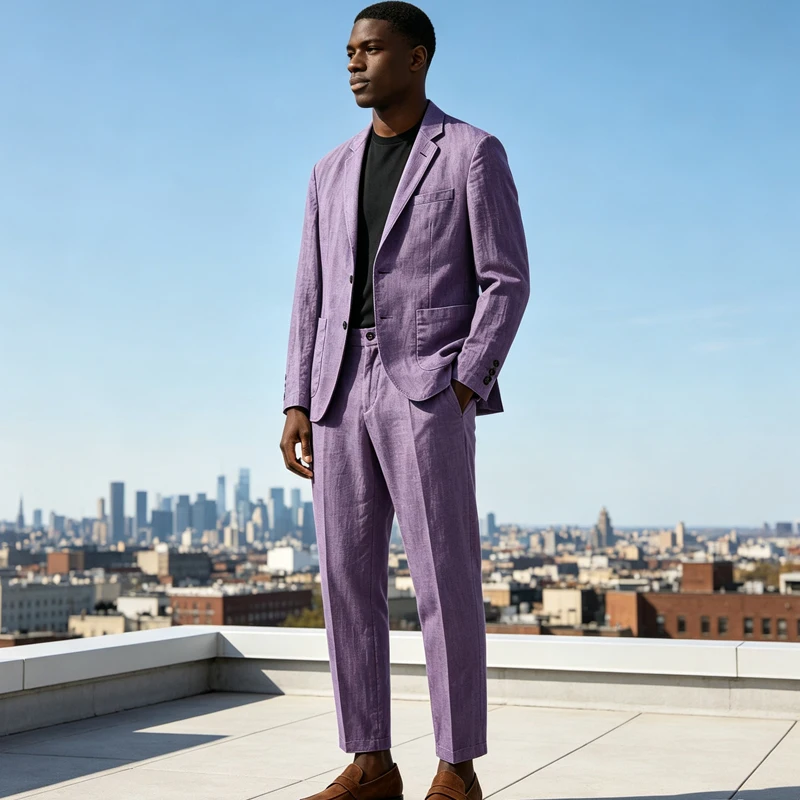 Men Linen Suit 2 Piece Set Notched Lapel 2 Buttons Slim Fit Casual Blazer Lightweight Breathable Summer Beach Wedding Business
