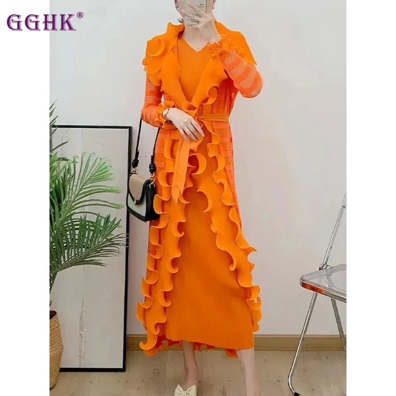 

GGHK Miyake Pleated Solid Color Elegant Women's Dress Long Sleeve Loose Plus Size Design Casual Evening Dresses Holiday Clothing