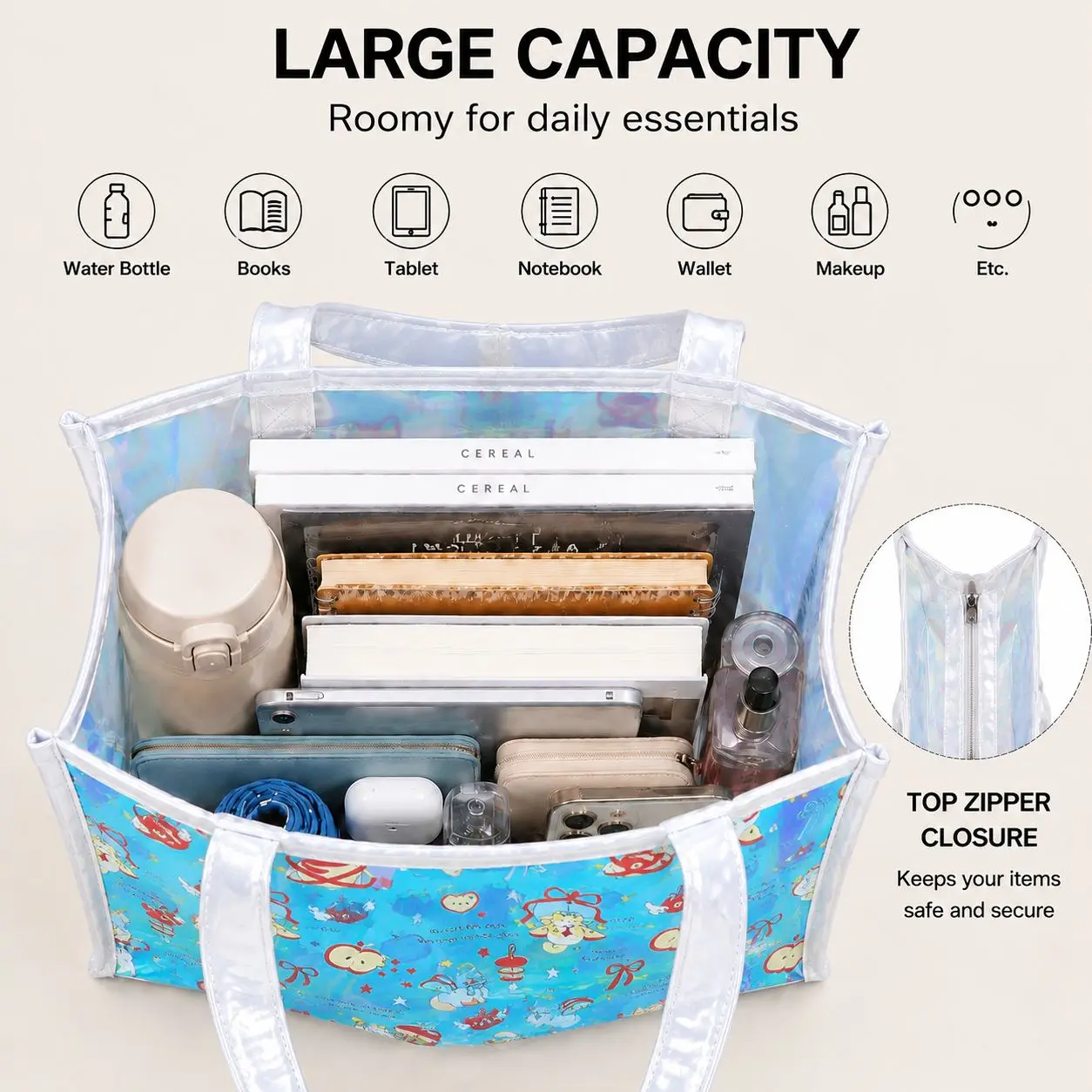 Large Capacity Transparent TPU Tote Bag Women Waterproof Holographic Shoulder Handbag Cute Cartoon Printed Beach Shopping Travel