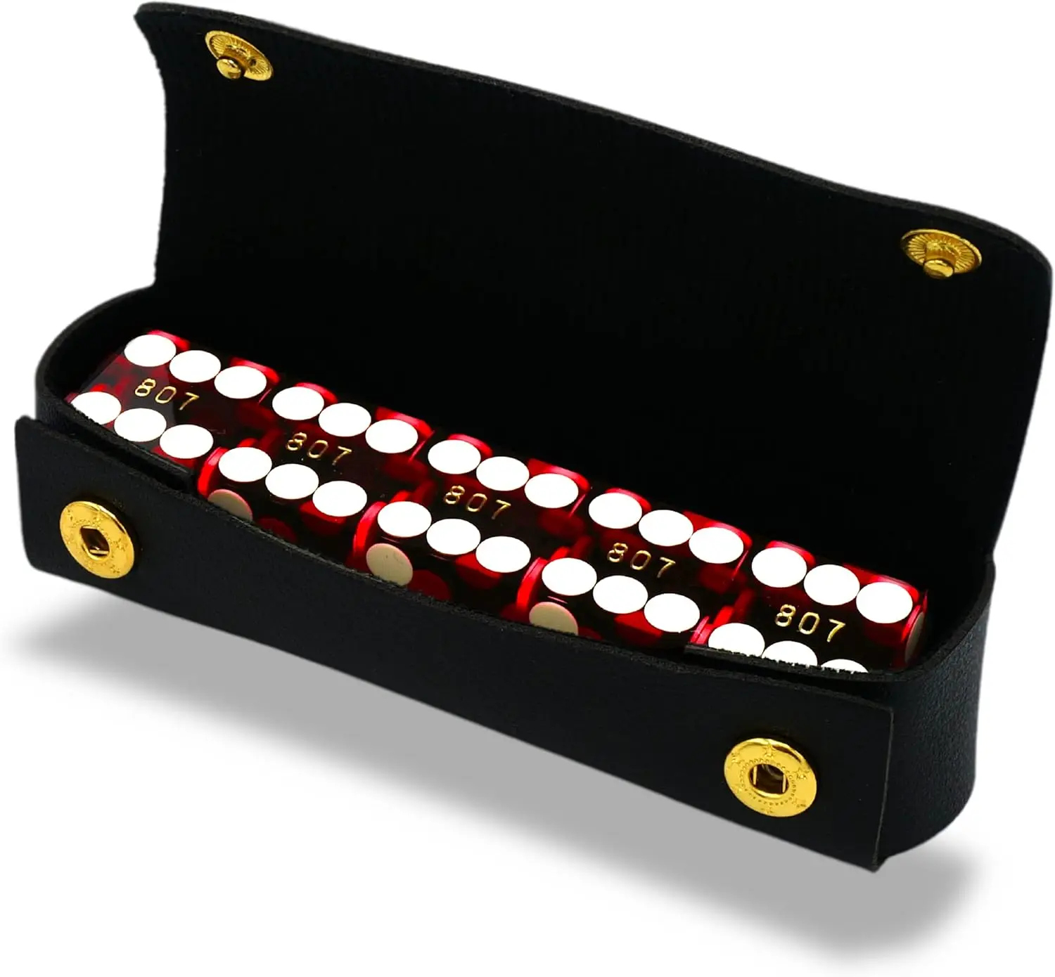 

19mm Casino Dice Set of 5 with Razor Edges and Matching Serial Numbers in Leather Case