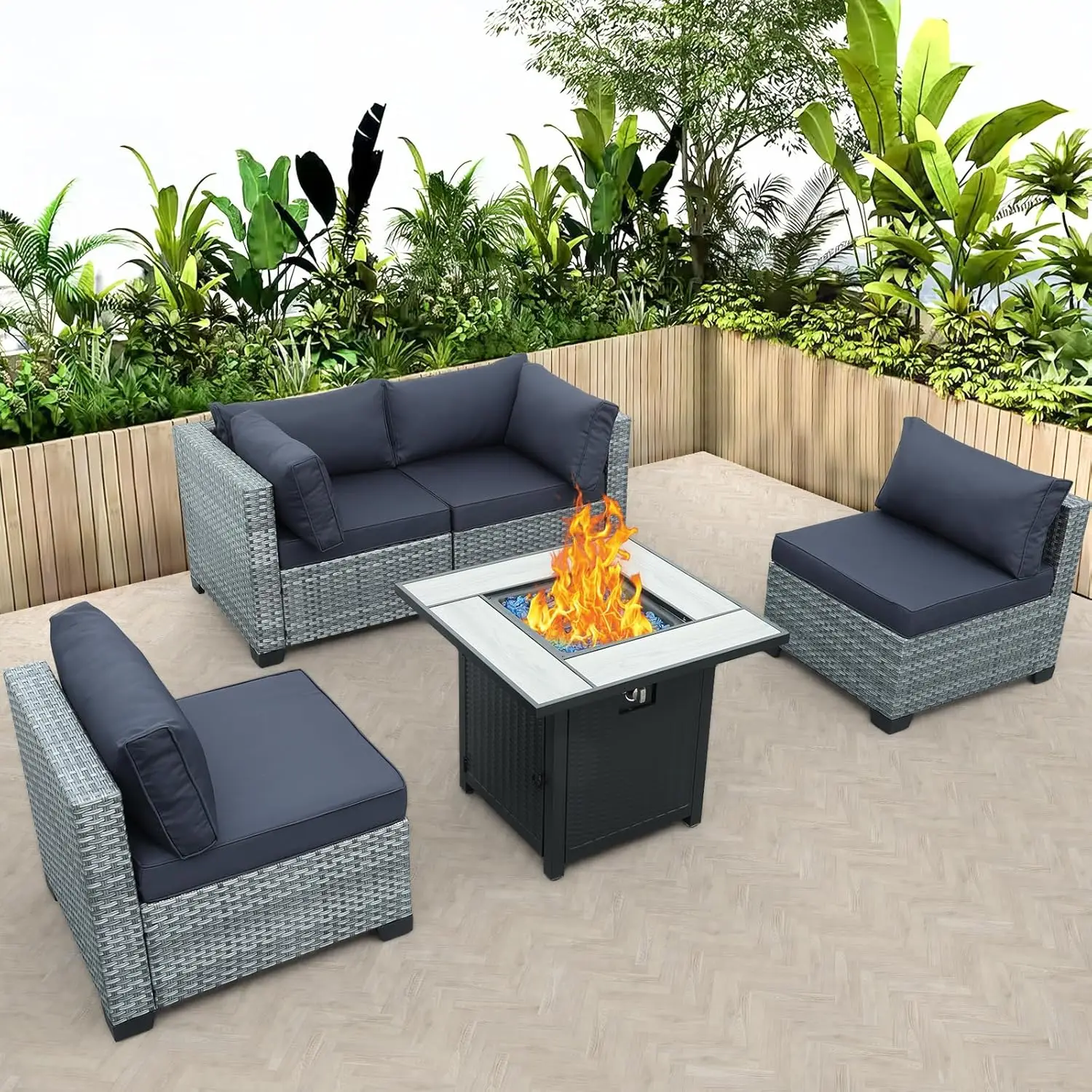 Valita-Pátio Rattan Móveis Set, Pátio ao ar livre Set, sofá de conversa de vime, cinza Rattan sofá secional com 30 "Gás Fire Pit, 5 pcs