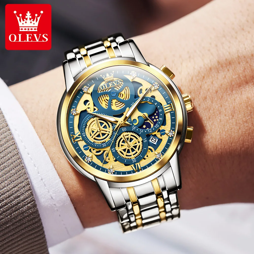 OLEVS 9947 Stainless Steel Men\'s Watches Luxury Hollow Out Flywheel Decoration Chronograph Moon Phase Quartz Wristwatch for Men