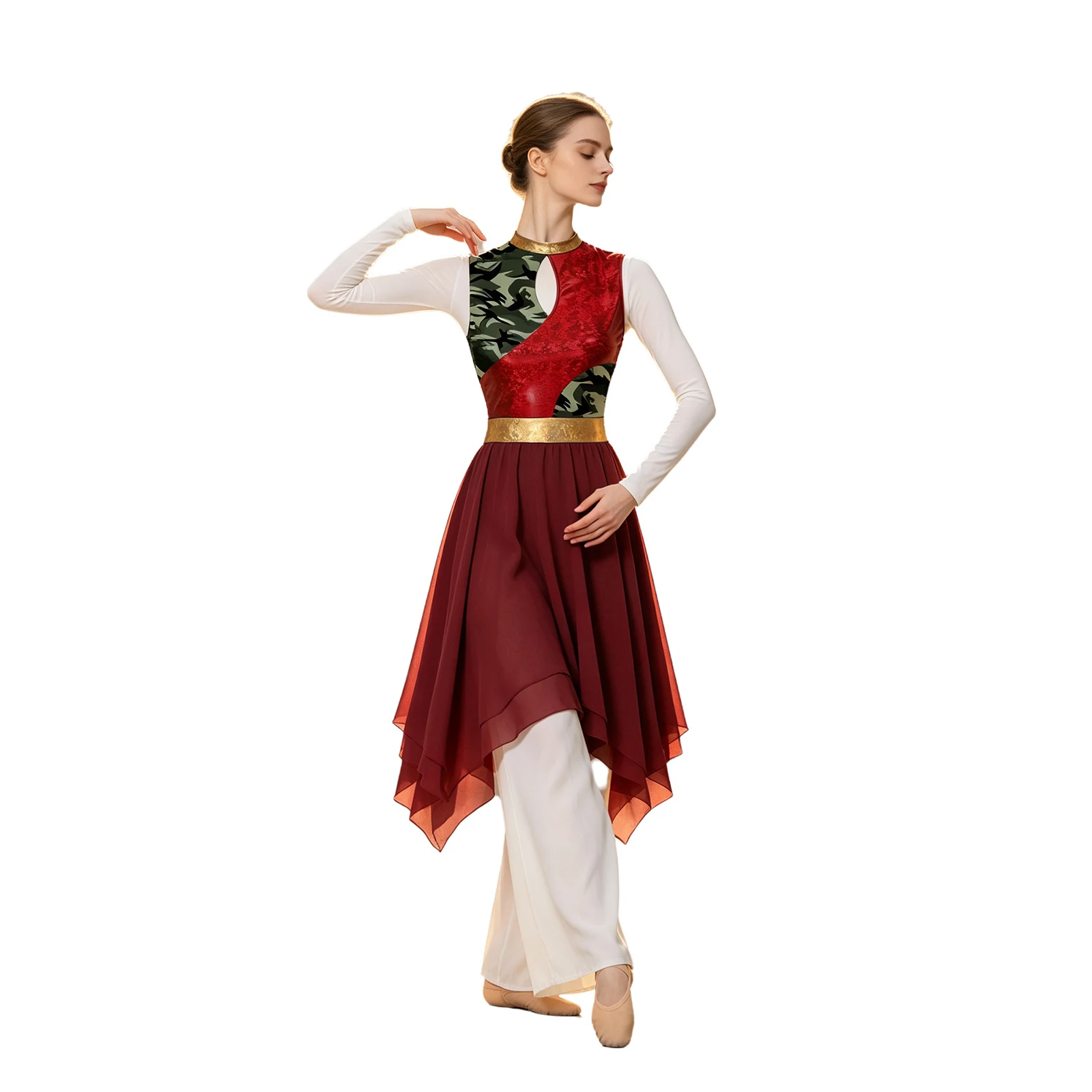 Damen-Lyrik-Tanzkleid, Kostüm für Gottesdienste und Lobgesänge, mit Metallic-Print, aufgesetztem Oberteil, Schlüssellochausschnitt vorne, ärmellos, unregelmäßiger Saum, Tunika-Kleid. – Detail 12