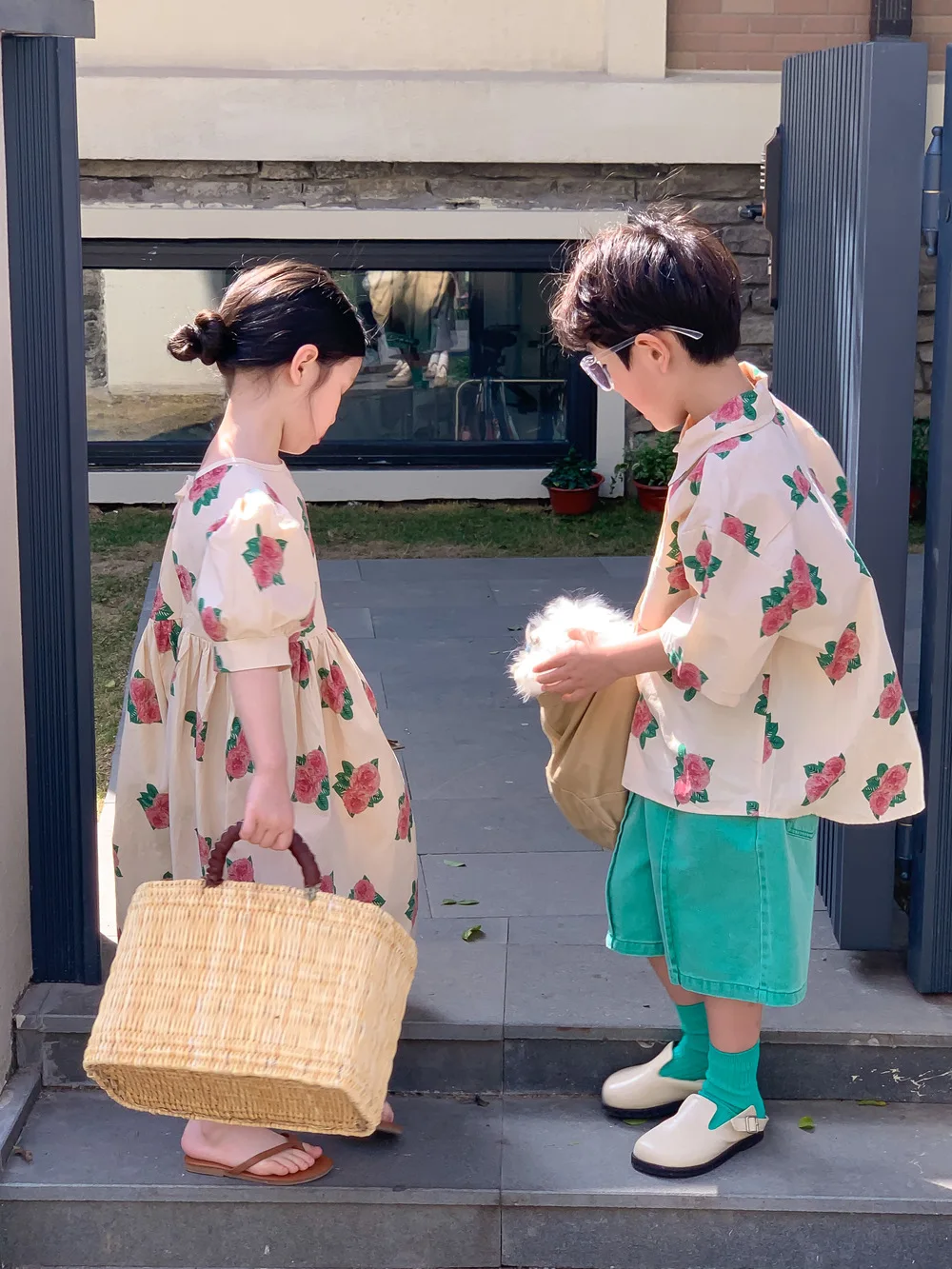 brother sister Sibling look bubble sleeve Girl dress boys loose clothes set Korean family matching outfits girls boys clothes