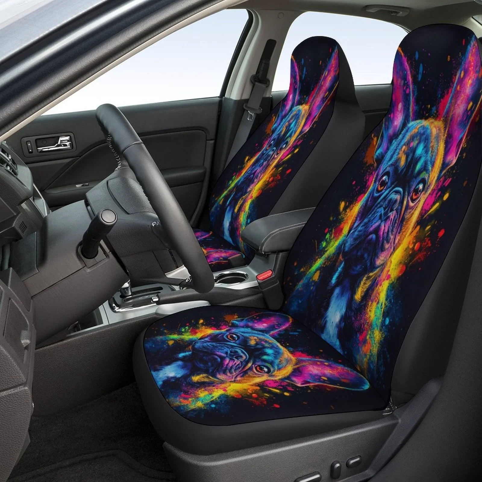 Colorful Bulldog Portrait Designed Car Seat Covers Set For Most Cars, Trendy Novelty Decorative Car Seat Protector Covers Full S