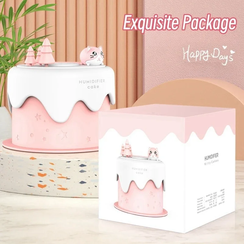 Cute Cat Cake Mini Air Humidifier with LED Lamp 300ml USB Ultrasonic Cool Mist Maker Fogger Mute Umidificador for Bedroom Office