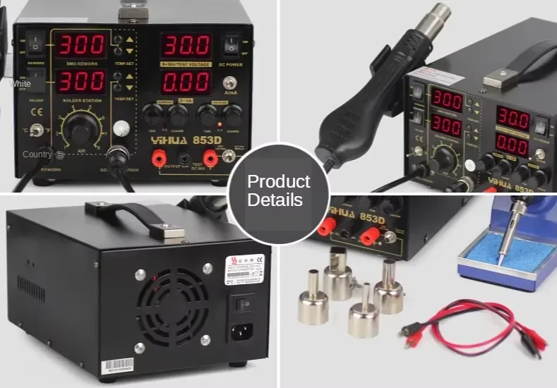 TLF YIHUA 853D 5A Estação de retrabalho de ar quente 5A DC Fonte de alimentação 3 em 1 Funções Estação de ferro de solda de retrabalho