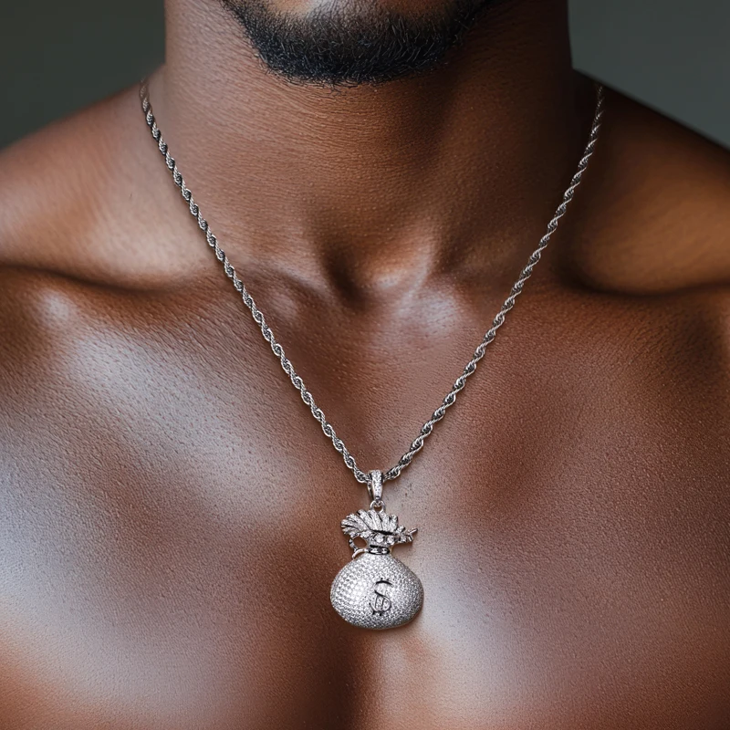 MossanRappr 6.1cttw Moissanite Money Bag Pendant Bling Hip Hop Necklace 925 Sterling Silver  Fashion Punk Charm Gifts for Men - Image 6