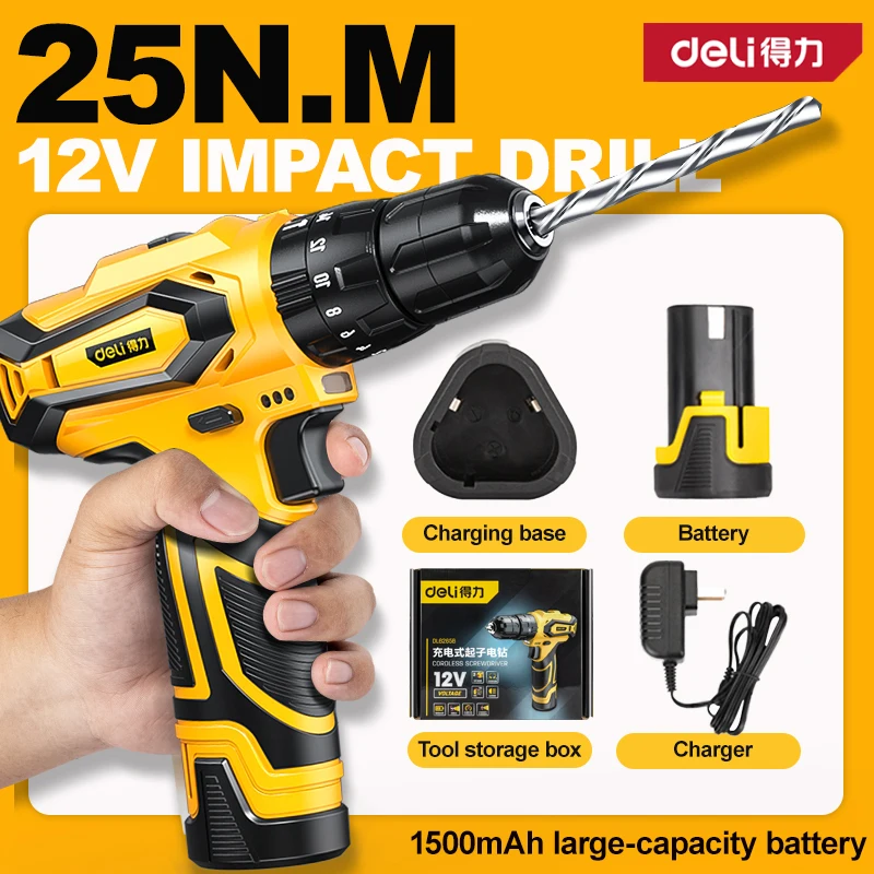 

Deli Brushless Electric drills Cordless Impact Drill Multifunctional Cordless Screwdriver Rechargeable 12V Battery Power Tools