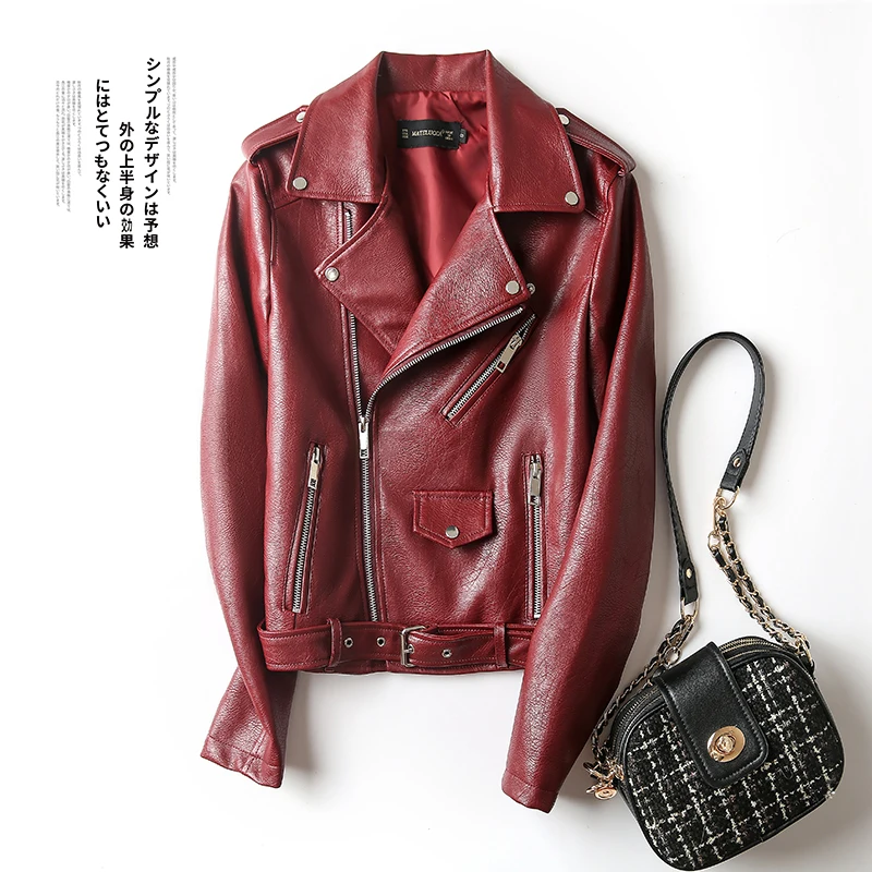 FMFSSOM 2024 Soft Faux Leather Women Jackets Red PU Fashion Long Sleeves Formal Windproof Basic Multicolor Moto Biker Coats