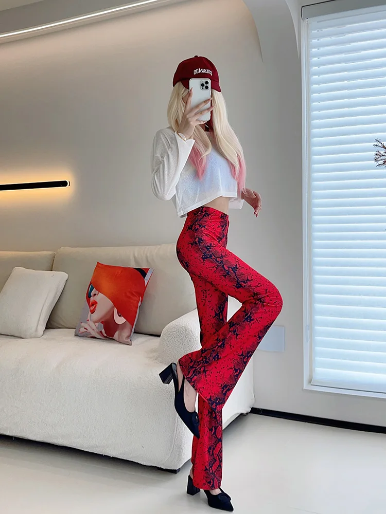 Pantaloni Bot a campana con stampa serpente sexy Pantaloni da donna sottili a vita alta dimagranti Pantaloni casual drappeggiati in misto poliestere