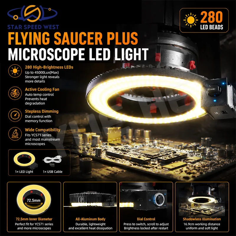 YCS Flying Saucer Plus Shadowless Microscope Ring Light 280LED 20W Stepless Dimming Active Cooling for Phone PCB Repair Lighting
