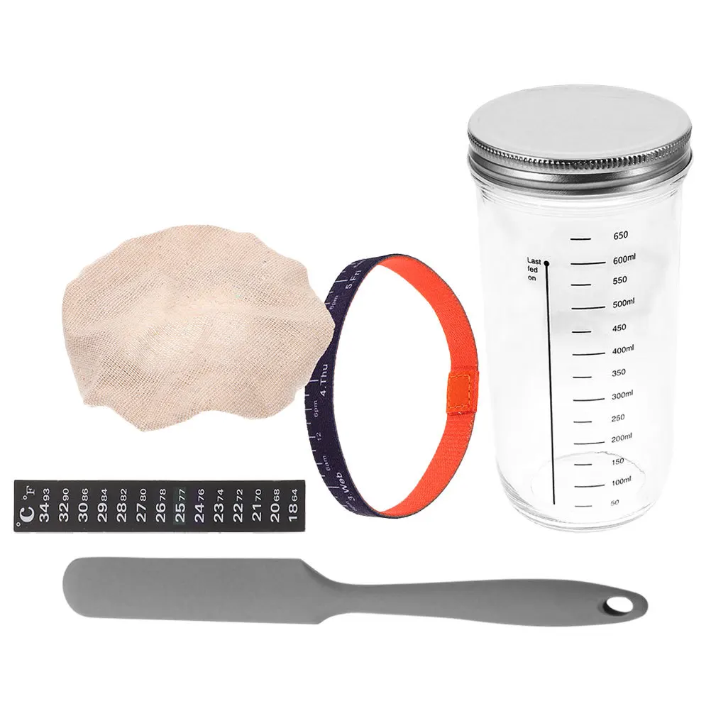 

1Set Sourdough Starter Jar Sealed Glass Fermentation Kit Silicone Spatula Elastic Band Temperature Paper Accurate Monitoring