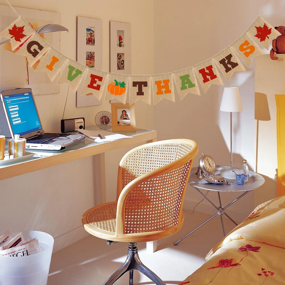 

Thanksgiving Banner Linen Material Decor Maple Leaf Flag Printing Bunting Hanging Party Flag Suitable Length