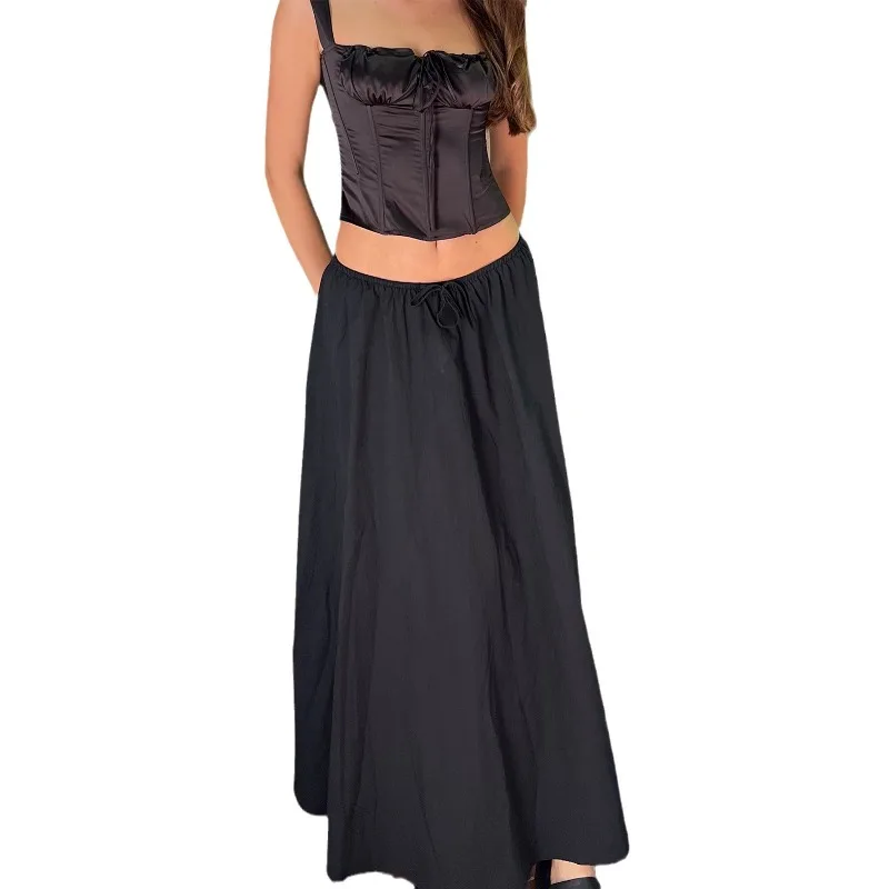 

2025 New Streetwear Summer Solid Color Casual Skirt Y2K Vintage American Drawstring Straight Tube Versatile Slimming Long Skirts