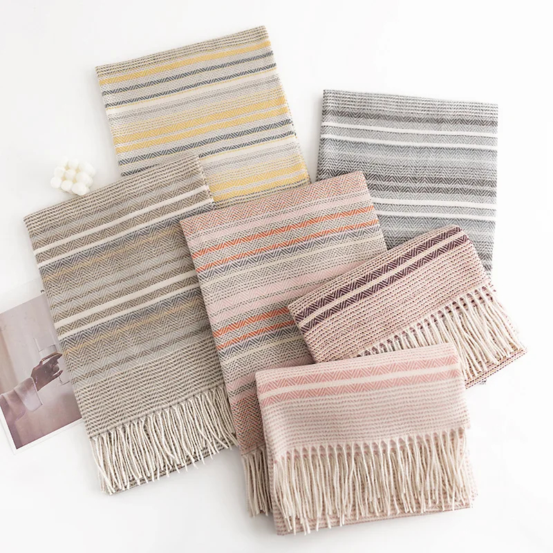 Fashion Stripe Soft Scarf Women Luxury Winter Imitation Cashmere Couple Warm Scarves Shawl Clothing Accessories Gifts Шарфик