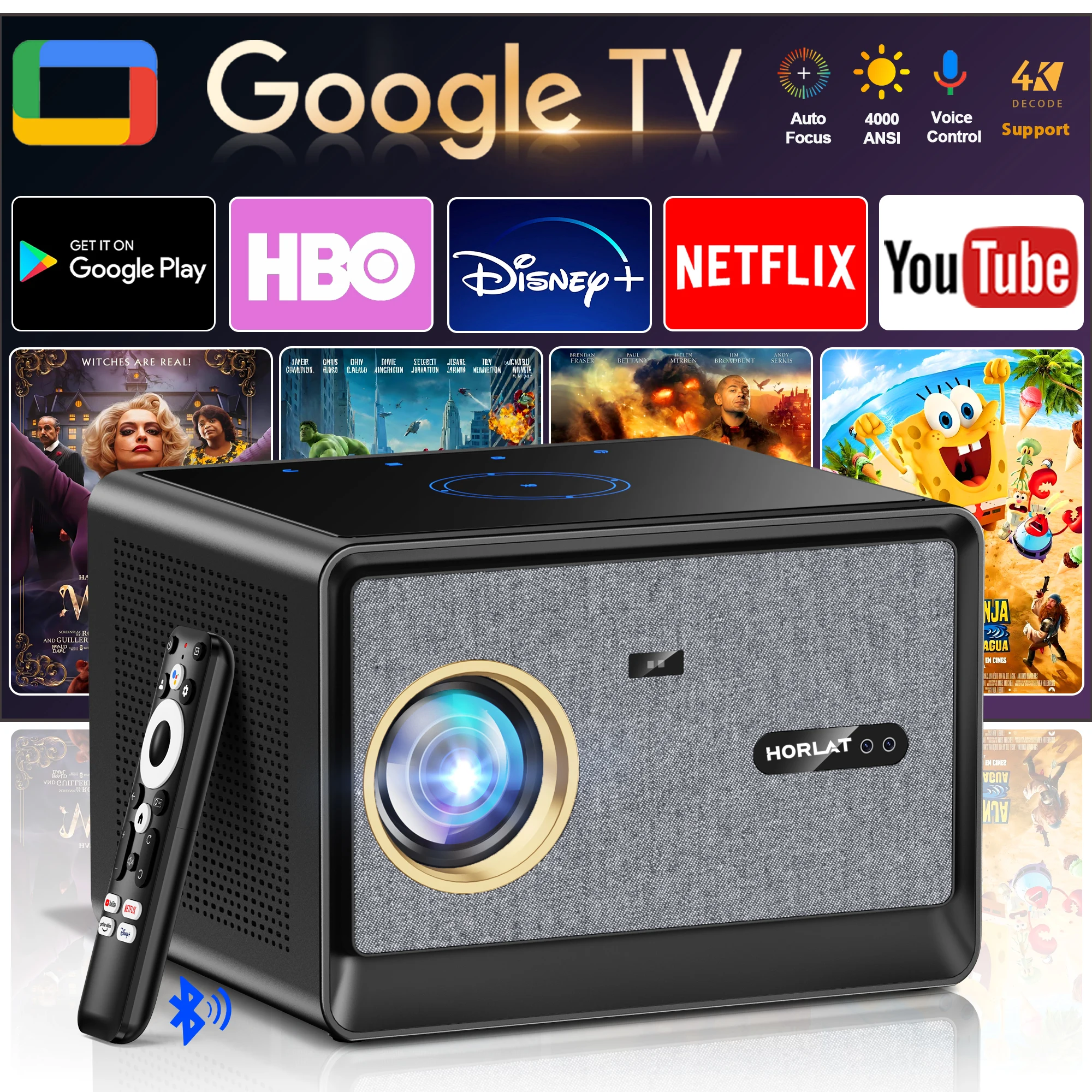 Projecteur vidéo 4K HORLAT 3500ANSI UHD Android Google TV, projecteur optique scellé, Wifi6, mise au point automatique, 1080P Full HD, cinéma maison