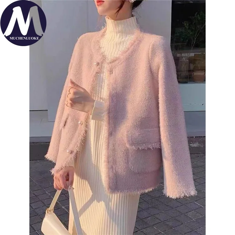 

Cardigan for Women Autumn Winter Imitation Mink Fur Long Sleeves V Neck Knitted Sweaters Korean Fashion Casual Loose Cardigan