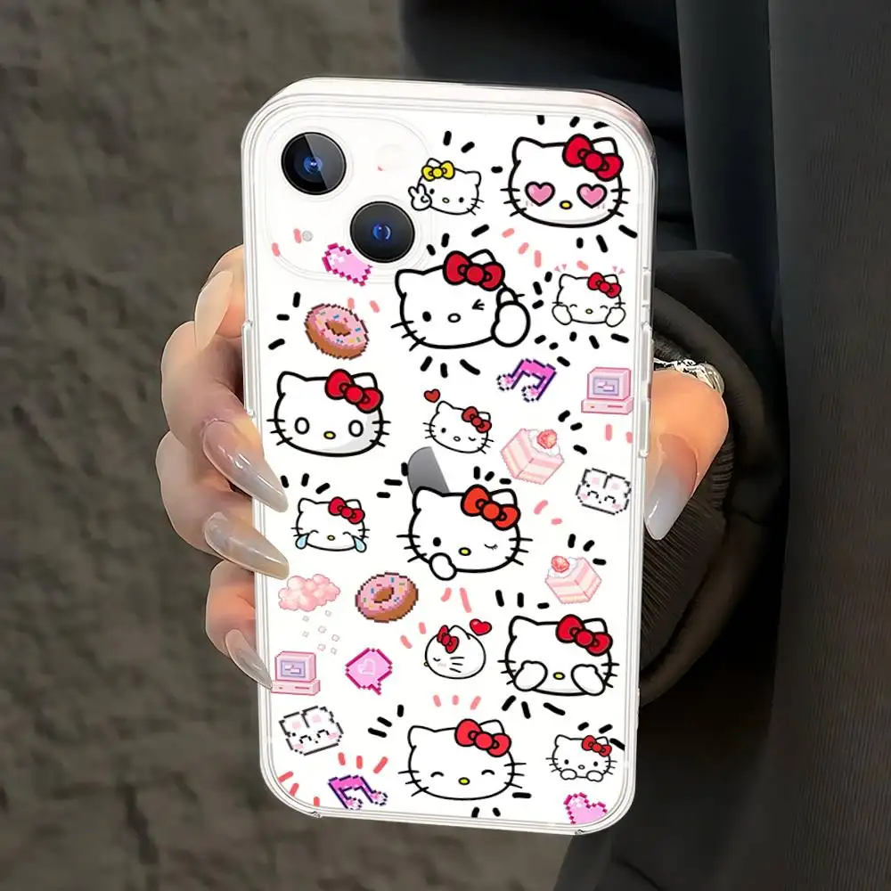 حافظة هاتف H-Hello Kittys لهاتف آيفون 17 16 15 14 Plus 13 12 11 Pro Max غطاء خلفي شفاف مضاد للصدمات