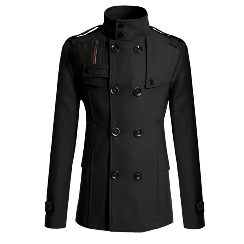 Men's Slim Fit Casual Double breasted Mid length New European and American Fashion Long sleeved Woolen Coat Windbreaker Coat