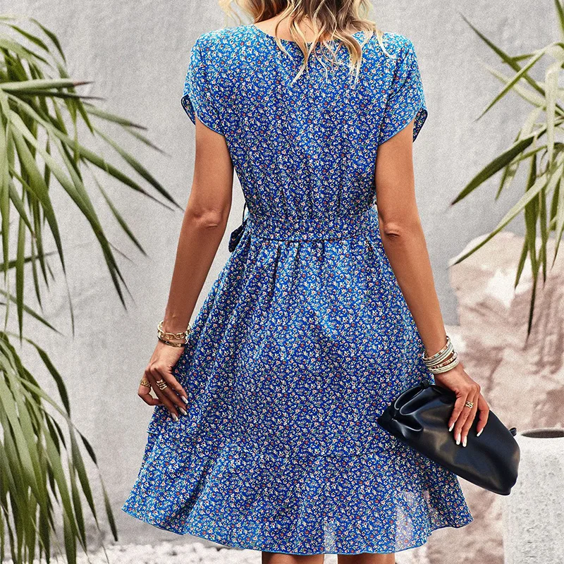 Elegante mini abito estivo da donna Boho Sexy bohemien o-collo Casual Beach Sundress Holiday Abiti a maniche corte con stampa floreale