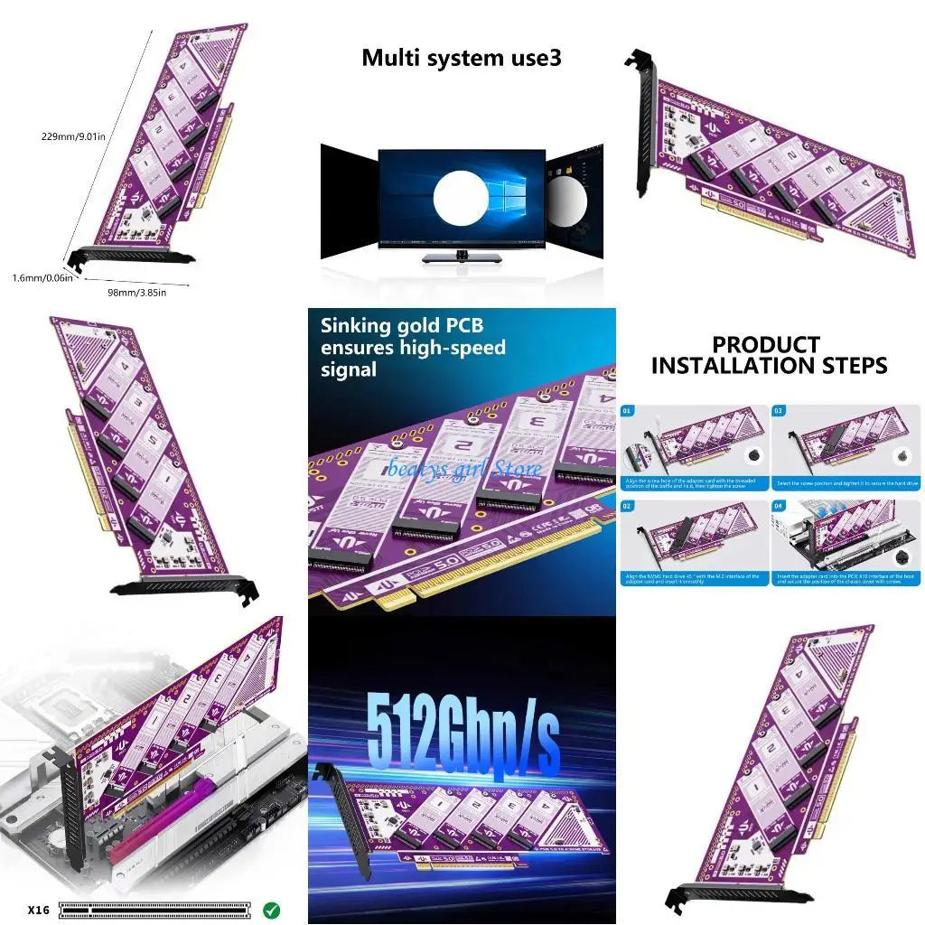 

C7AB 4Port M.2 NVMe PCIe 5.0 Expansion Card 4 Bay Support 32GT/s Speed Enhanceds Thermal Design