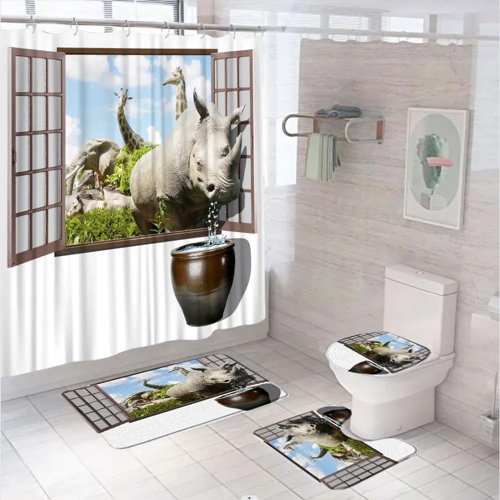 Rhino Elephant Giraffe Shower Curtain Set Non-Slip Carpet Rug Toilet Cover Bath Mats Wild Animal Window Fabric Bathroom Curtains