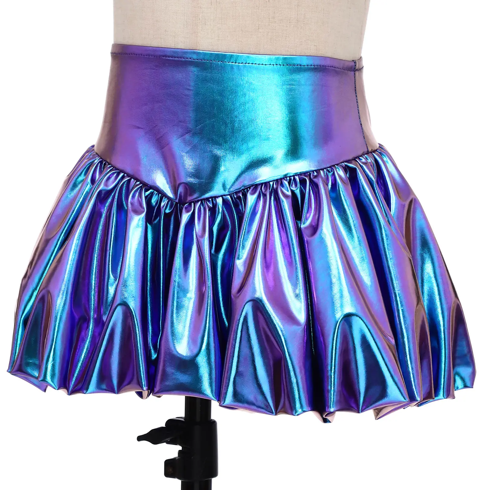 Kids Girls Metallic Jazz Hip Hop Dance Stage Costume Skirts Party Shiny Bubble Skirt Tutu Dresses for Cheerleading Performance
