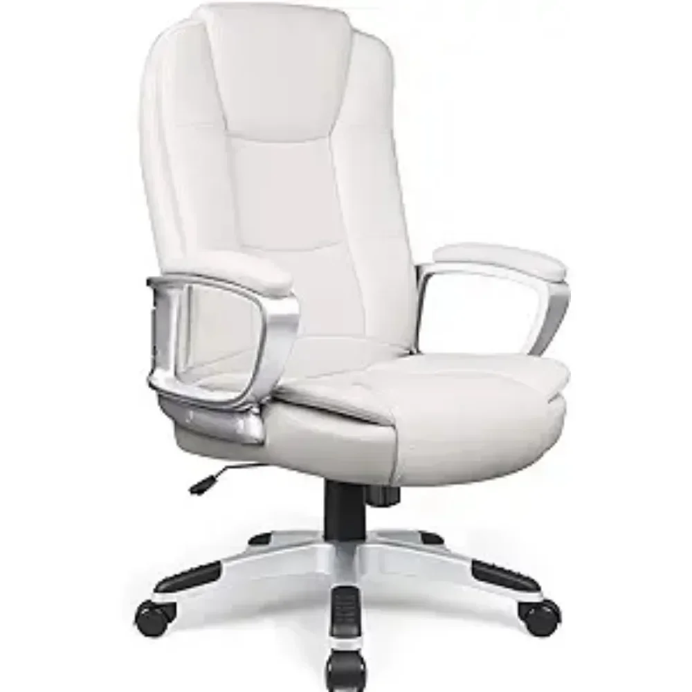 Office Desk Chair,  High Back Computer Chair, Ergonomic Adjustable Height PU Leather Chairs with Cushions Armrest  (White)