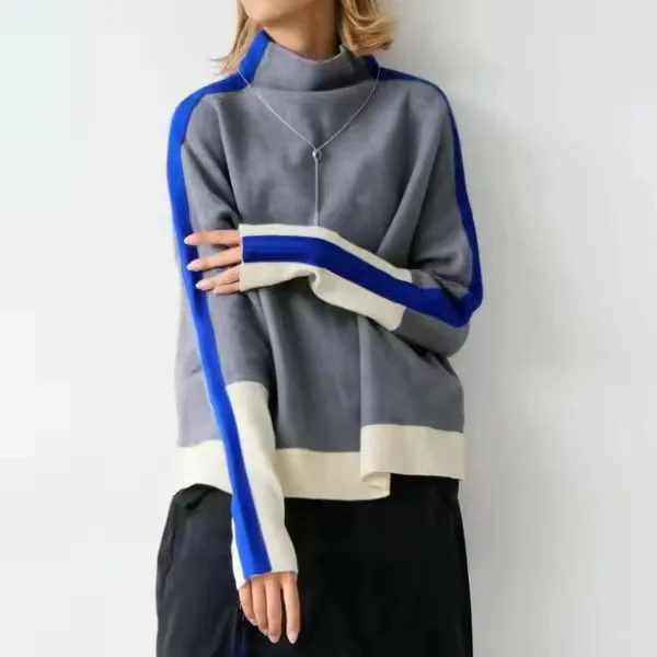Women Sweaters Knit Striped Thick Splice Pullovers Turtleneck Sweater Full Sleeve Regular Vintage Casual Winter Streetwear