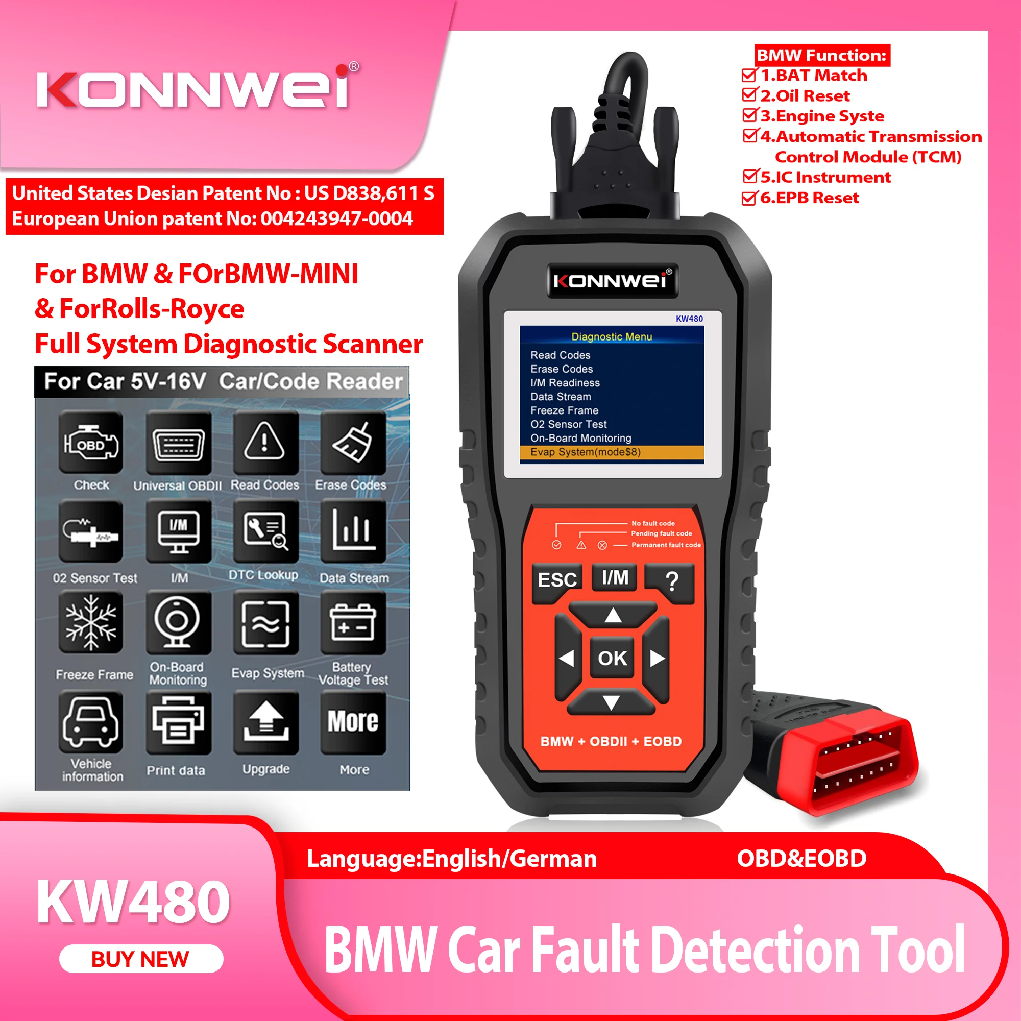 

2025 KONNWEI KW480 OBD2 Car Diagnostic Scanner Code Reader OIL TPMS Reset O2 Adapter Full Systems Scanner Auto Tool for BMW Auto