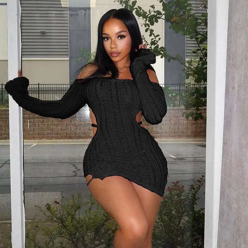 

Women's One oulder Bal Knitted High Waisted ort A-Line Dr Casual Busin Home Wear Long Sve One-Word Ne