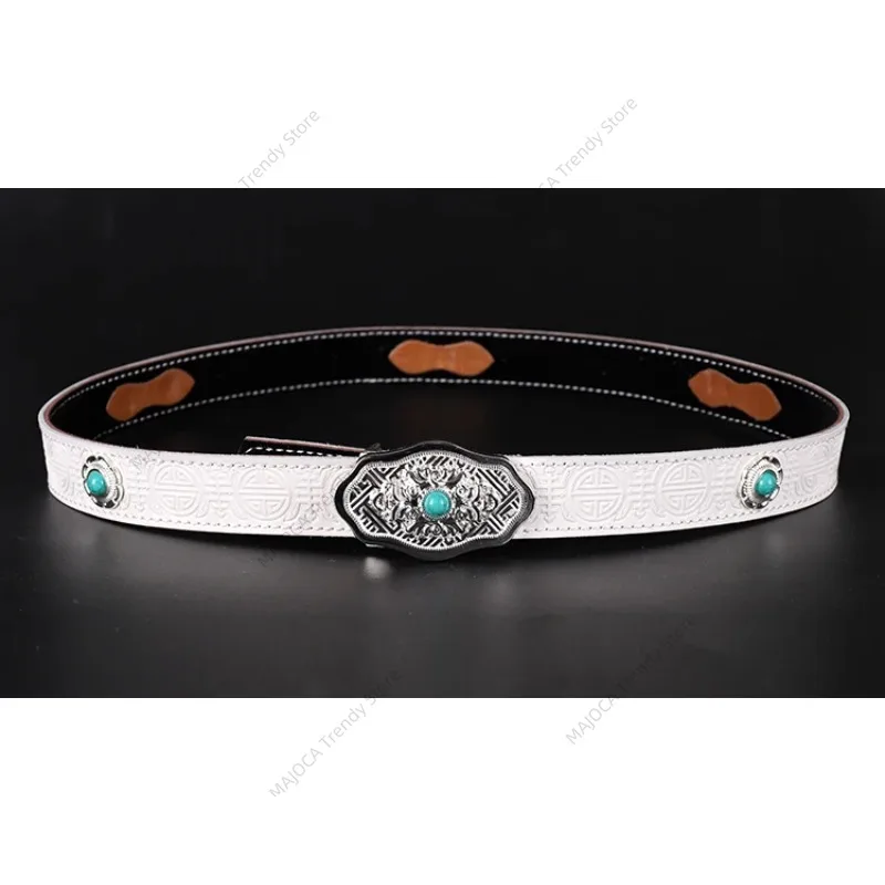 Ethnic Mongolian Element White Cowhide Belt | Embossed Jeans Waistband | Vintage Silver Turquoise Buckle Girdle