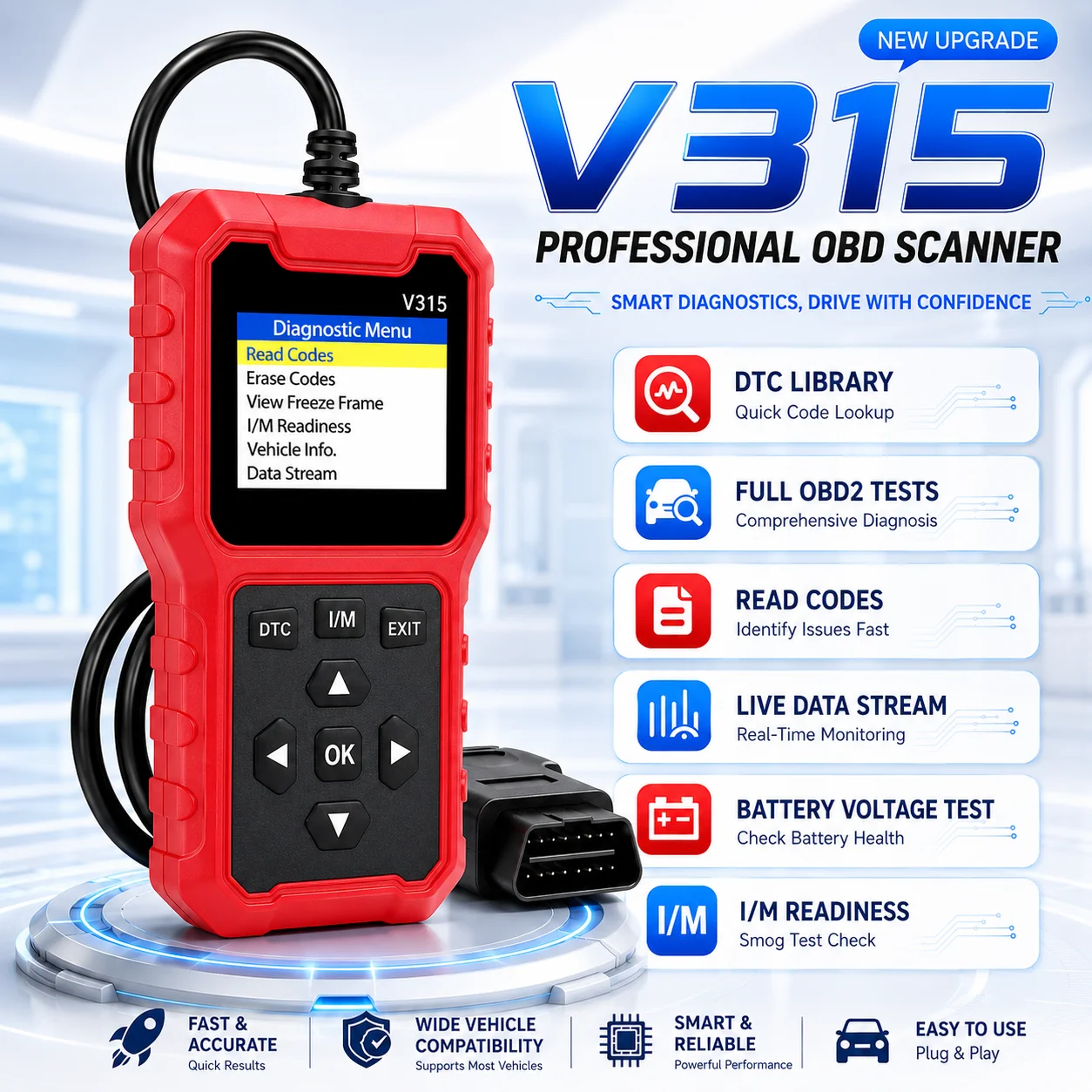 V315 Professional Obd2 Scanner, Fast Engine Fault Code Reader & Eraser, Full Obdii Diagnostic Tool with Live Data, I/M Readiness