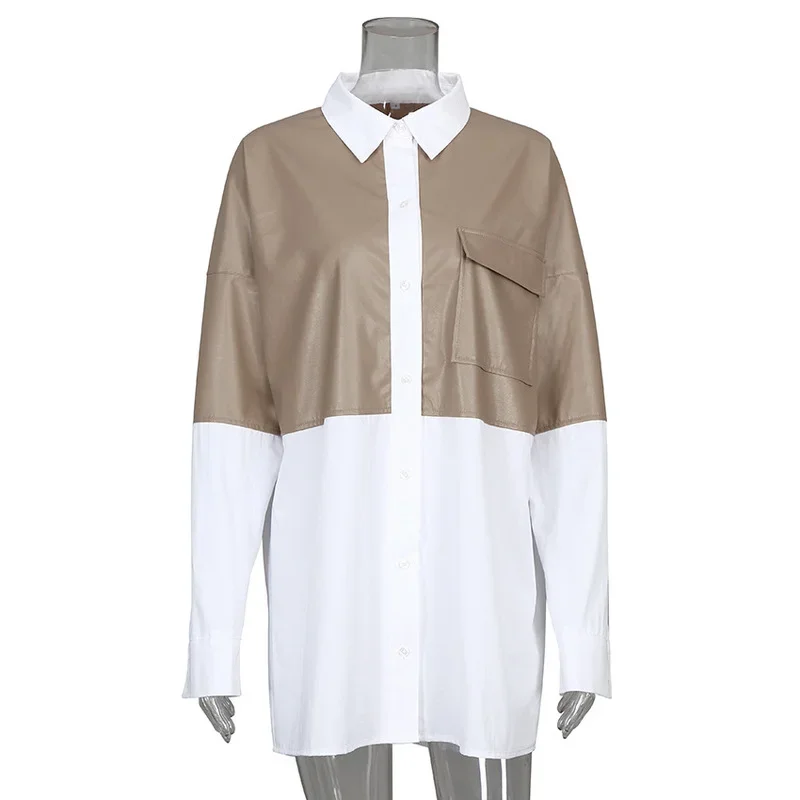 ButtonShirt PU Leather Loose Long-sleeved Casual Shirt Stitching Lapel Overalls Mid-length Tops Women's Shirts Street Tops