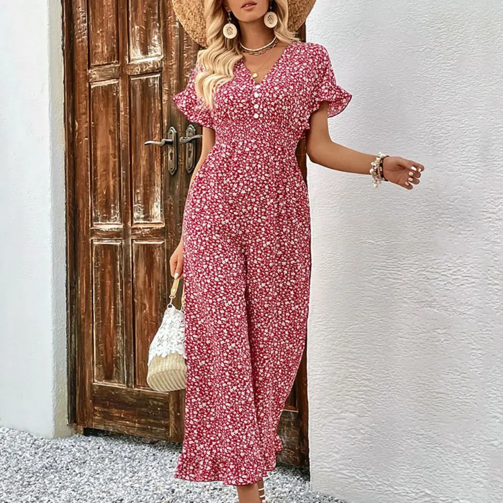 

2023 Summer Women's Red Printed Jumpsuit Fashion Cross-border Independent Station European And American Style