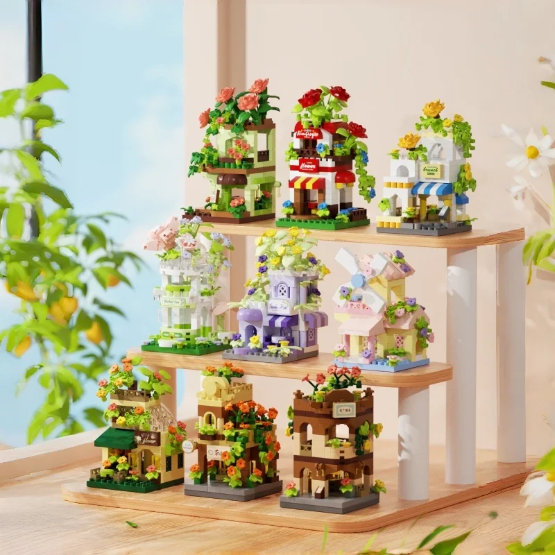 City Street View Flower Shop Building Blocks Spring Street Scene Bricks Model Desktop Decoration DIY Assembly Toy Gift