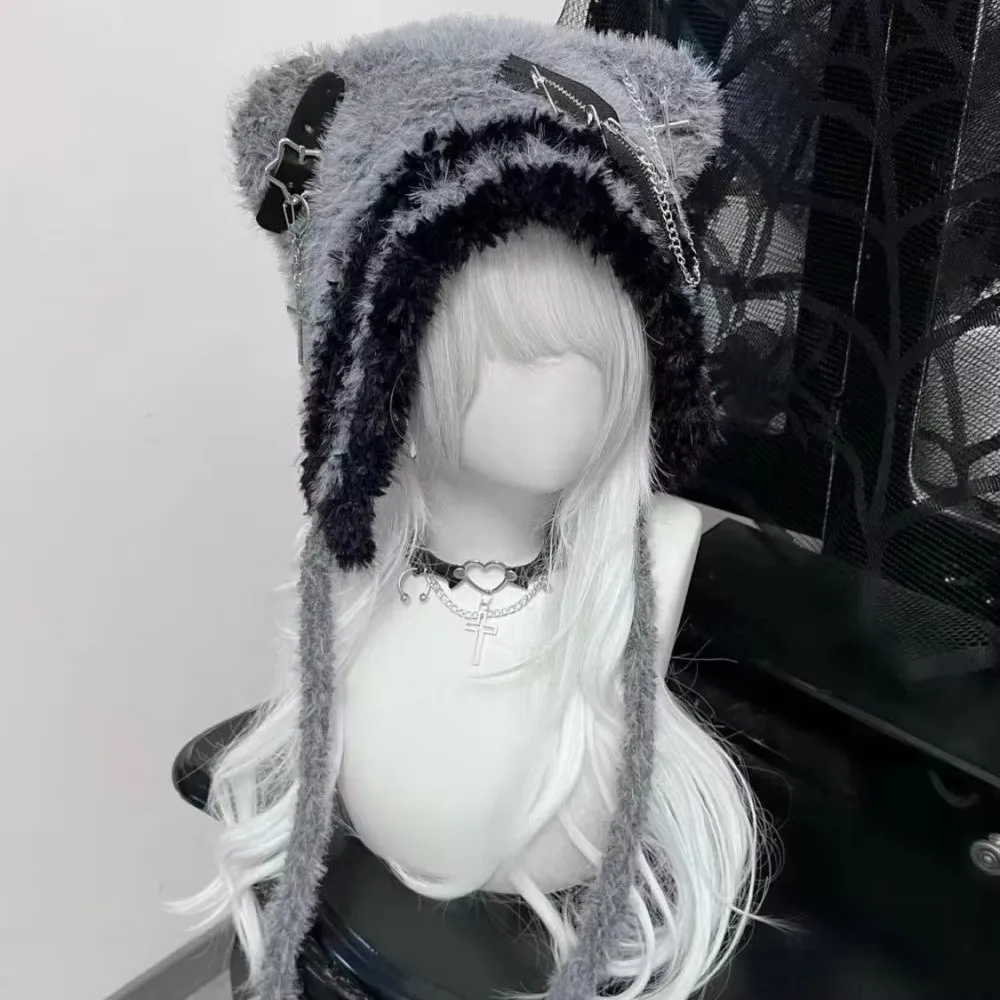 Cute Fluffy Gothic Harajuku Hat Knitted Little Bone Cross Star Punk Lolita Hat Y2K Style Beanie Hat