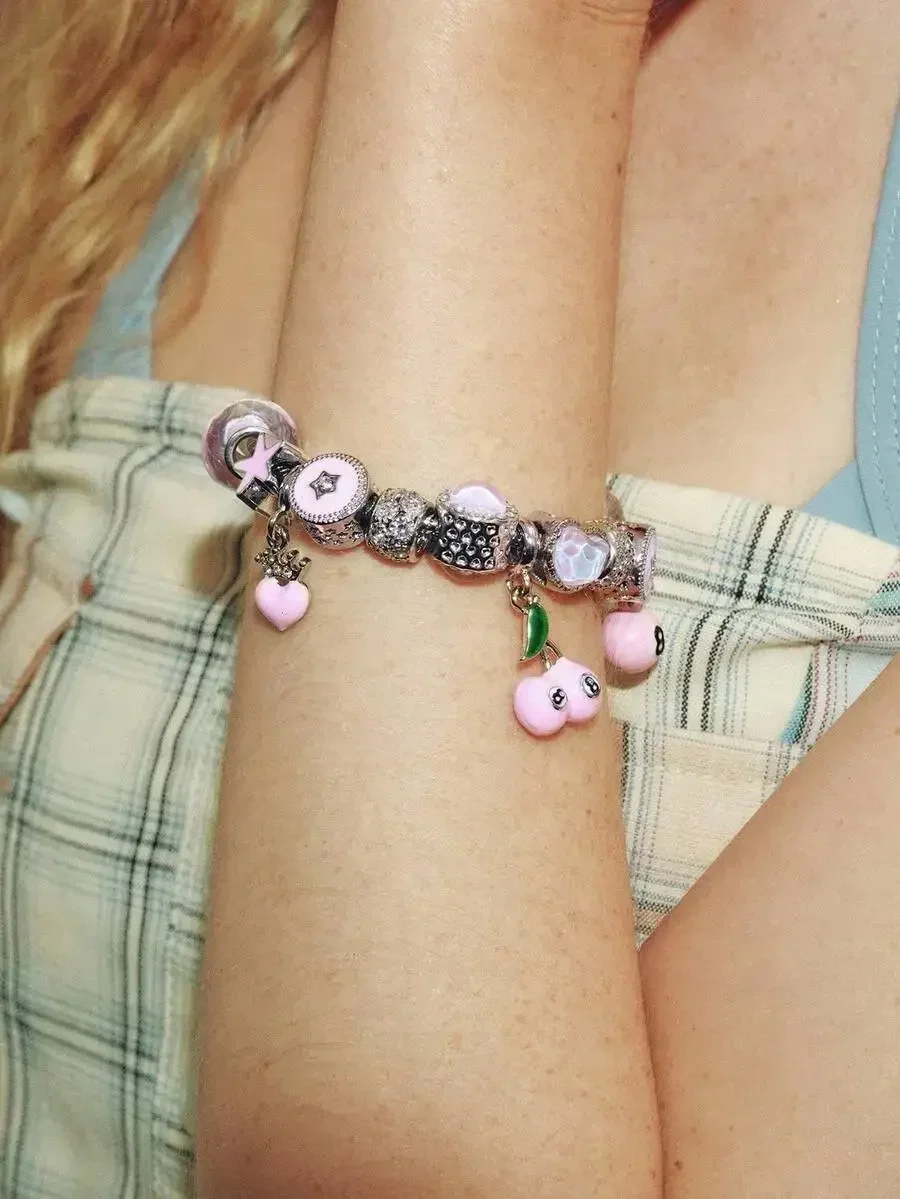 

Cute Pink Cherry Charm Bracelet With Heart Star And Disco Ball Y2K Style Fashion Womens Accessory