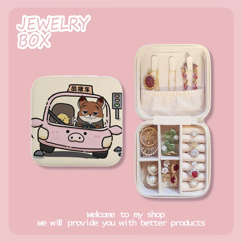 Cute Miniso Disney Jewelry Box Cartoon Mini Portable Earrings Ring Necklace Bracelet Pu Storage Box Kawaii Girl Birthday Gifts