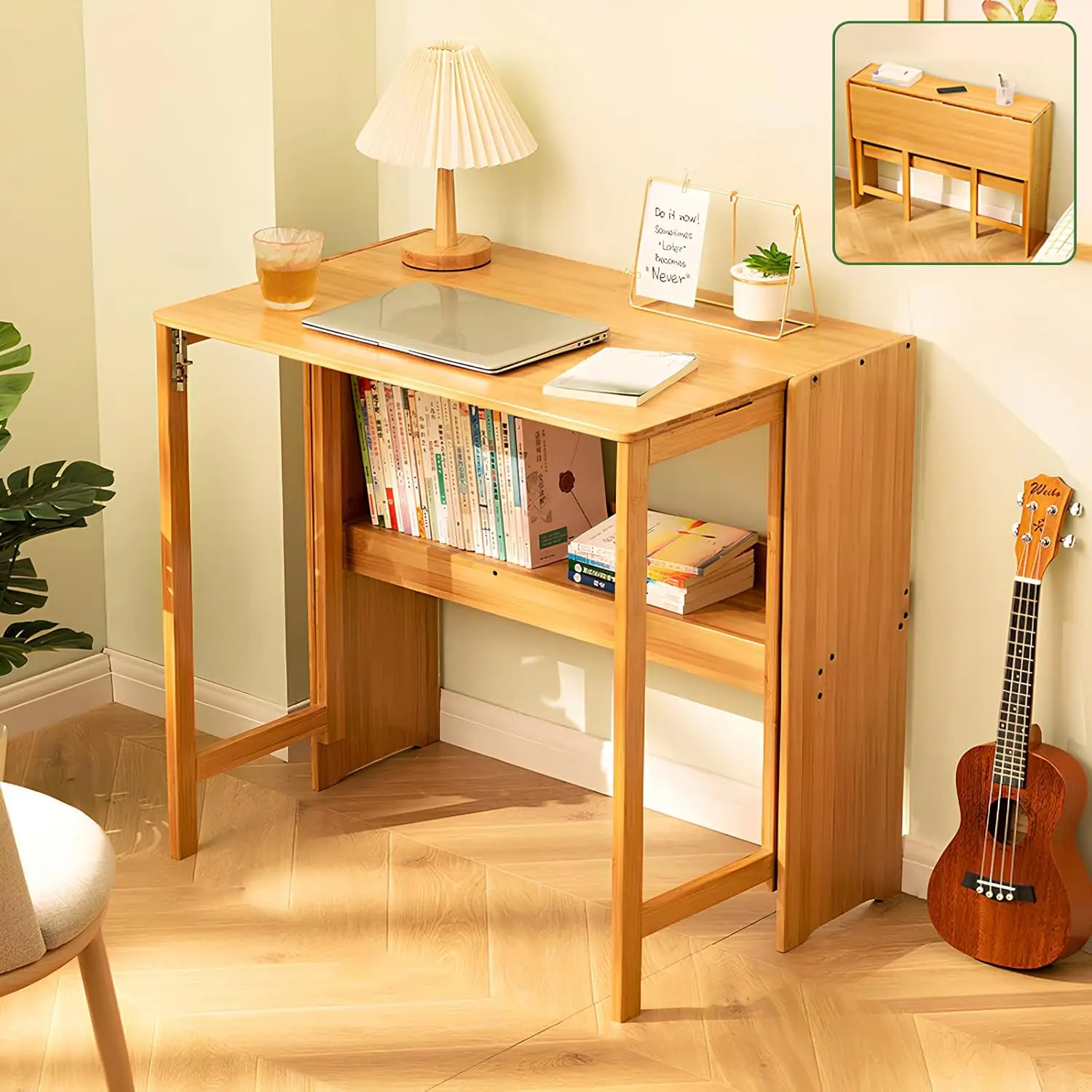 

！@Combohome Bamboo Folding Desk Mid Century Modern Computer Desk for Home Office Bedroom Small Spaces