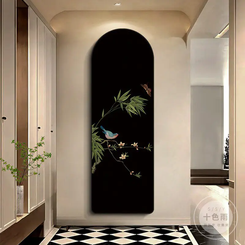 Middle ancient style entrance hall decoration painting arched flower and bird living room background wall mural corridor