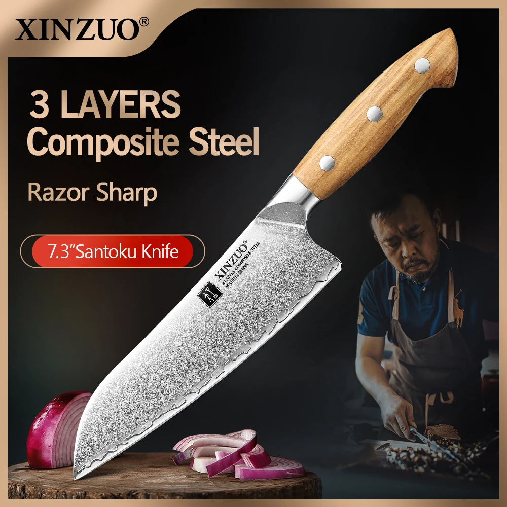 

XINZUO 7.28-Inch Composite Steel Santoku Knife Olive Wood Handle Polished High-End Look Superior Anti-Rust Light Weight Gift Box