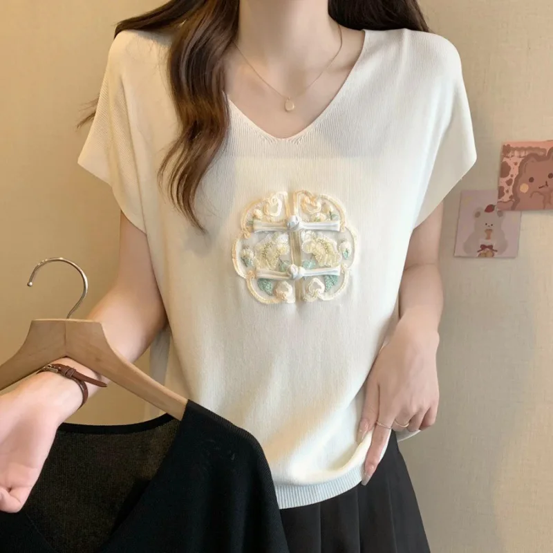 Women Vintage Chinese Style Embroidery Elegant Thin Ice Silk Knitted T Shirt Female Summer V Neck Solid Short Sleeve Loose Tops