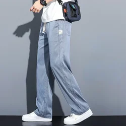 Summer Soft Lyocell Fabric Men's Jeans Thin Loose Straight Pants Drawstring Elastic Waist Korea Casual Trousers Plus Size