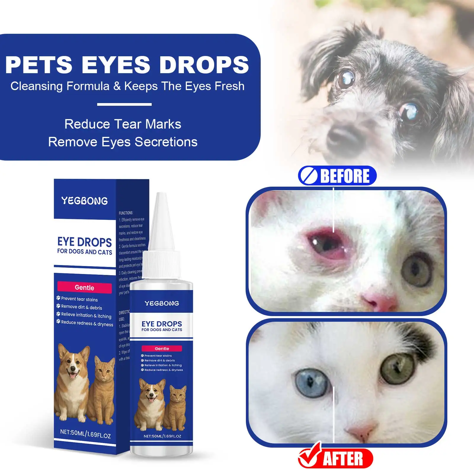 

YEGBONG Universal Pet Eye Drops Effective Dogs Dirt Eliminate Drop Dog Eye Dryness Eliminate Drop Cats Hygiene Clean Products